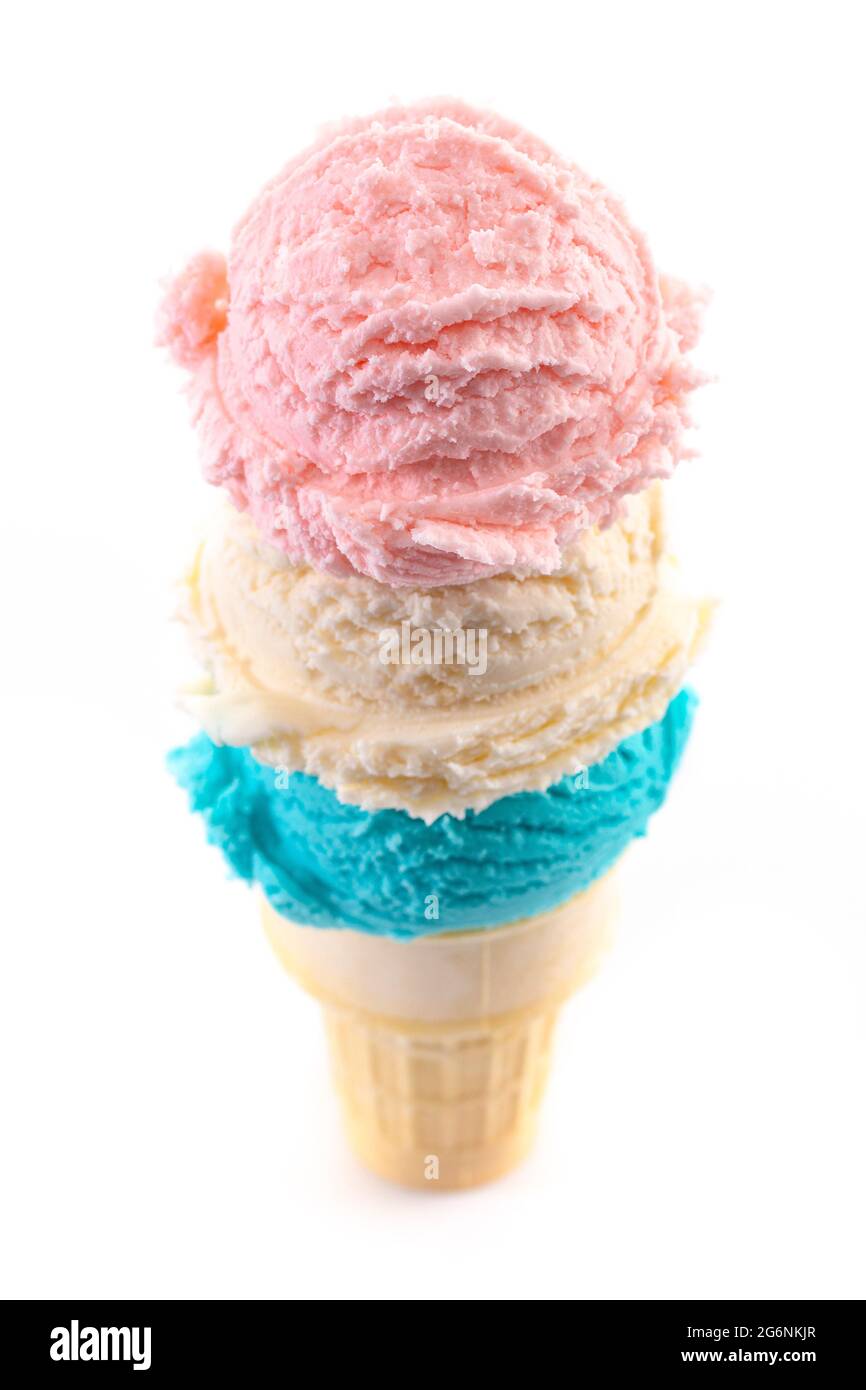 Red White and Blue Scoops of Ice Cream on a Cone Isolated on a White