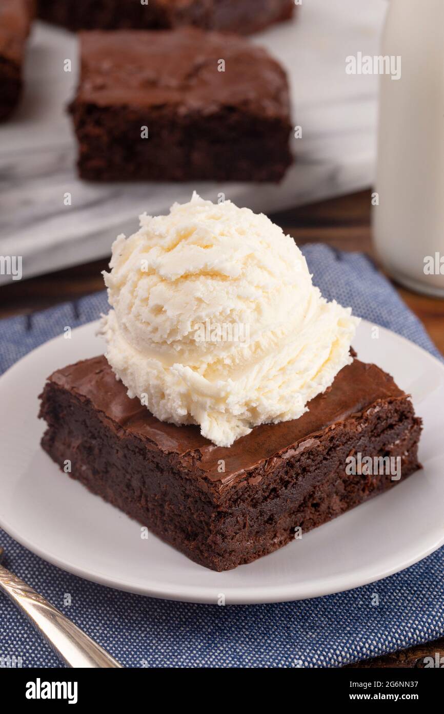 Homemade Double Chocolate Brownies Sundae with Vanilla Ice Cream on Top Stock Photo Alamy