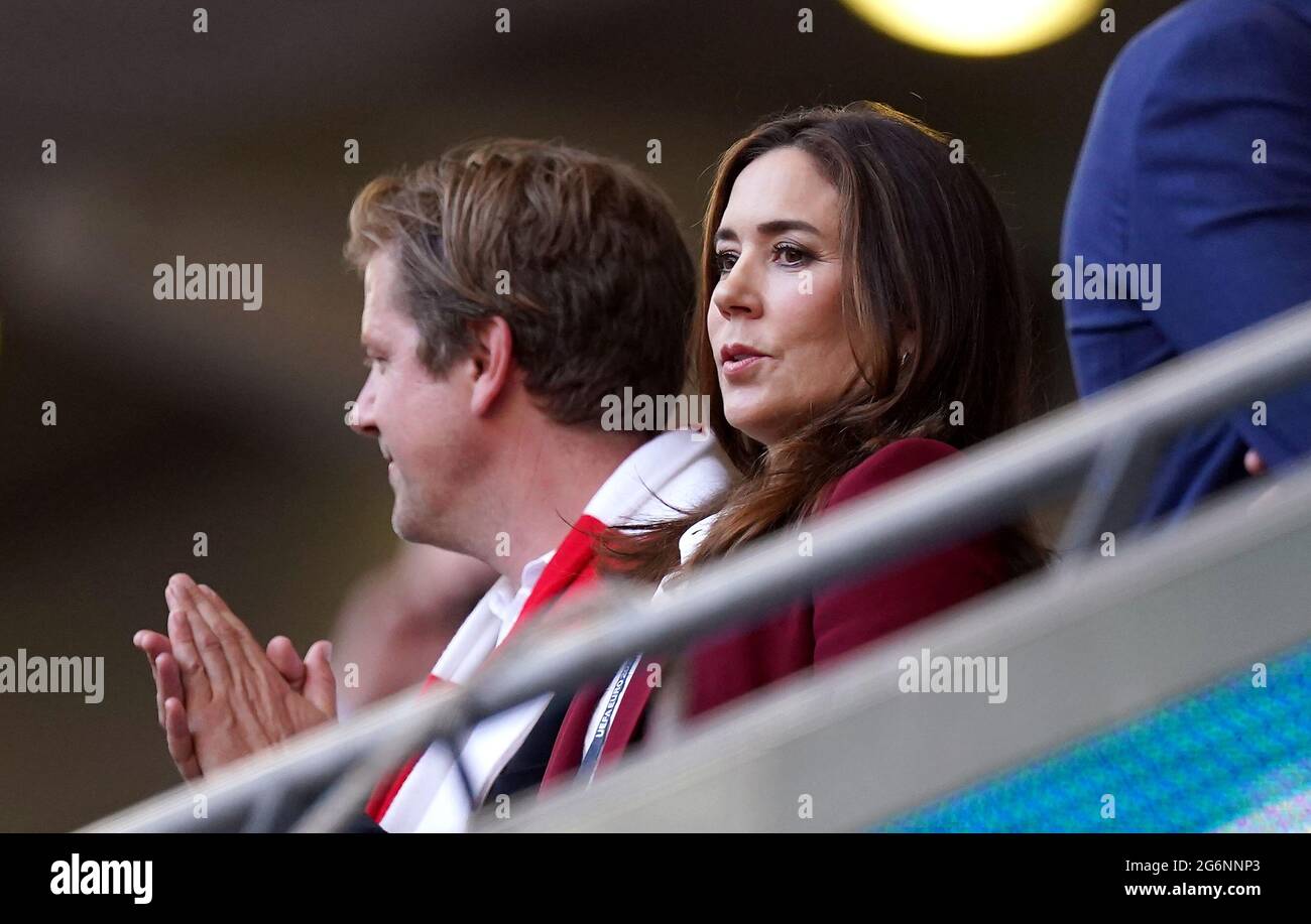 Crown Princess Mary of Denmark in the stands during the UEFA Euro 2020 semi final match at Wembley Stadium, London. Picture date: Wednesday July 7, 2021. Stock Photo