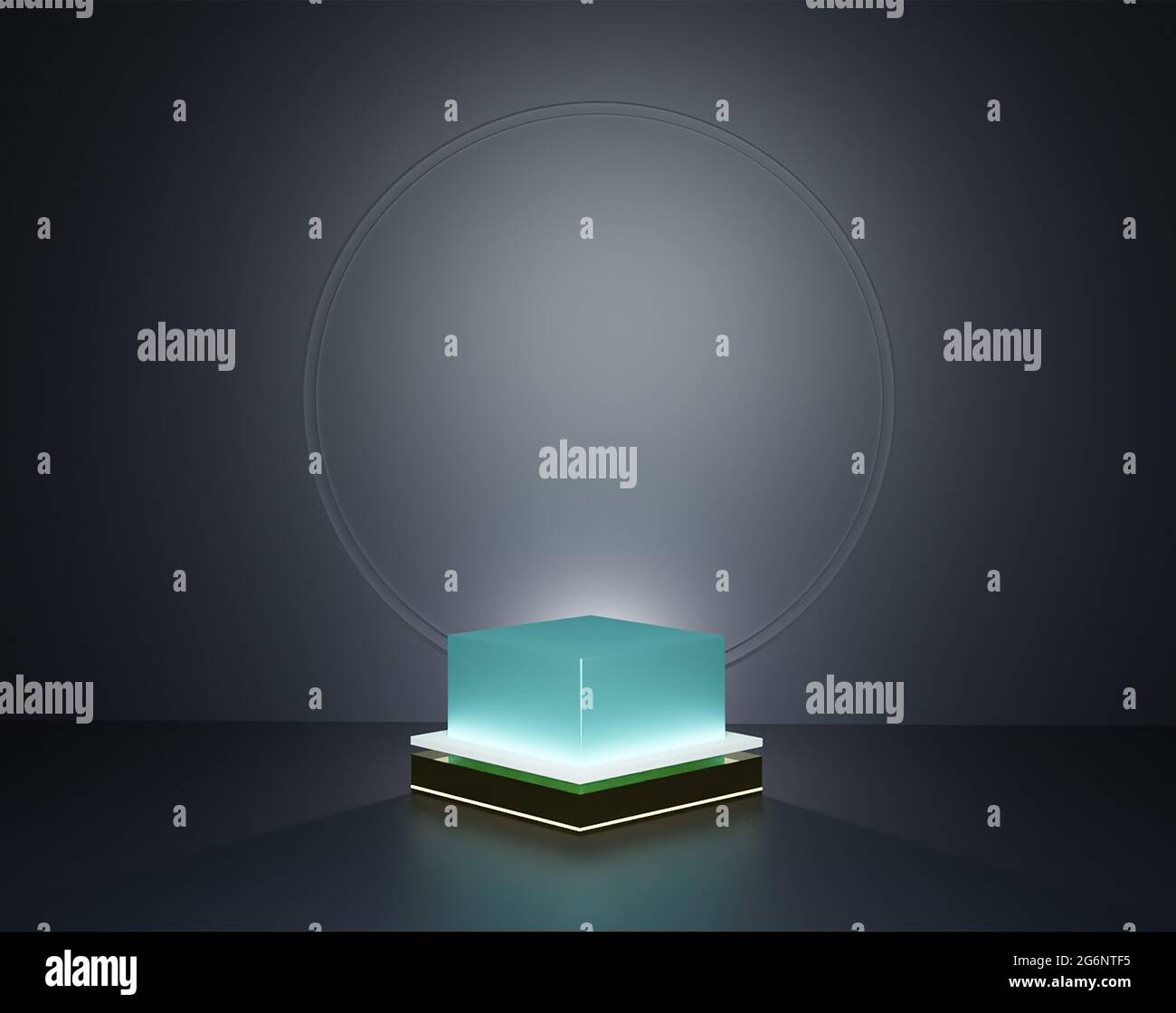 3D shiny podium on a floor. Reflection on floor. Podiums  or stages of product showcase. Commercial use. Glowing podiums. pedestal Stock Photo