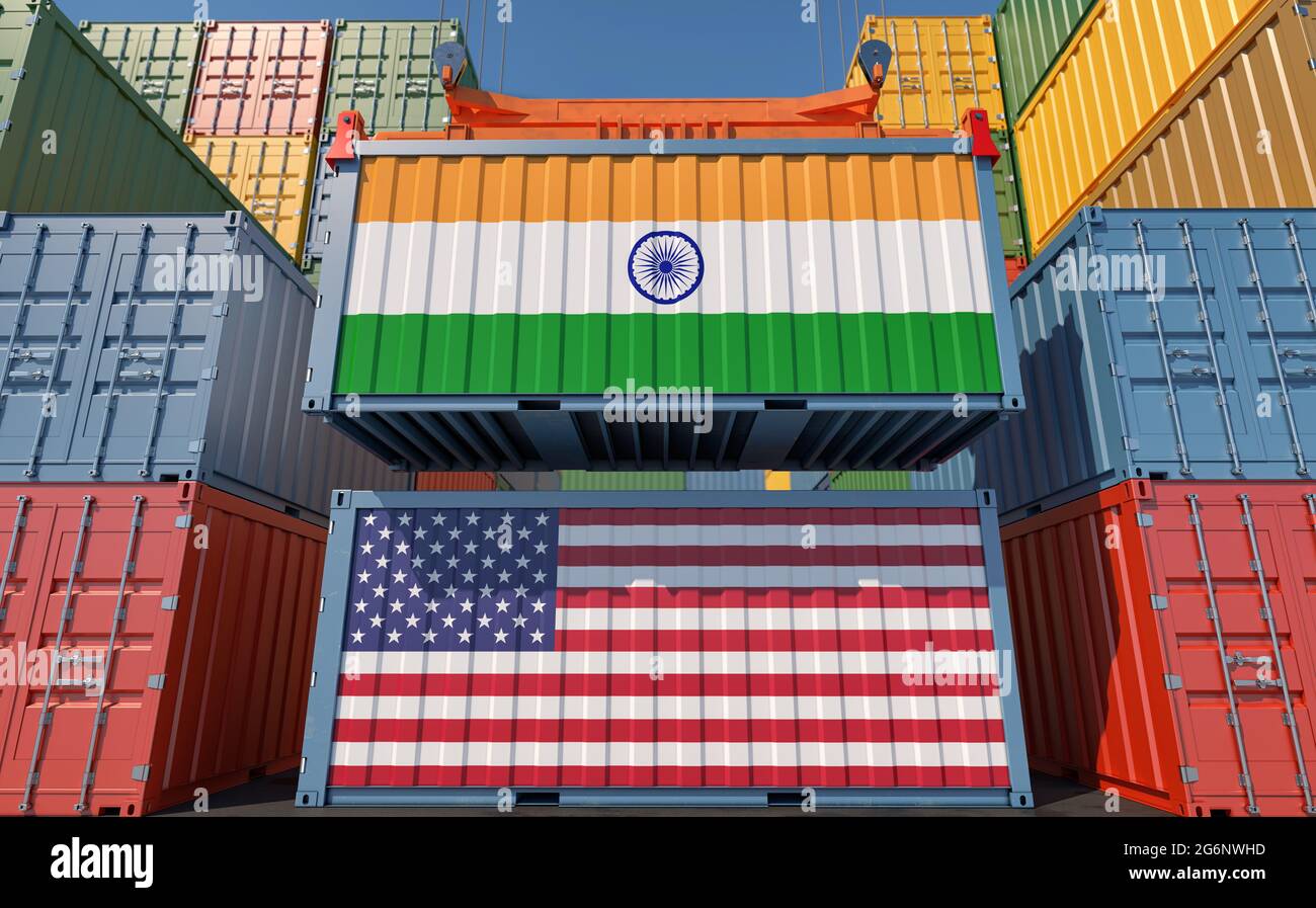Container Terminal. Two cargo Container with USA and India national