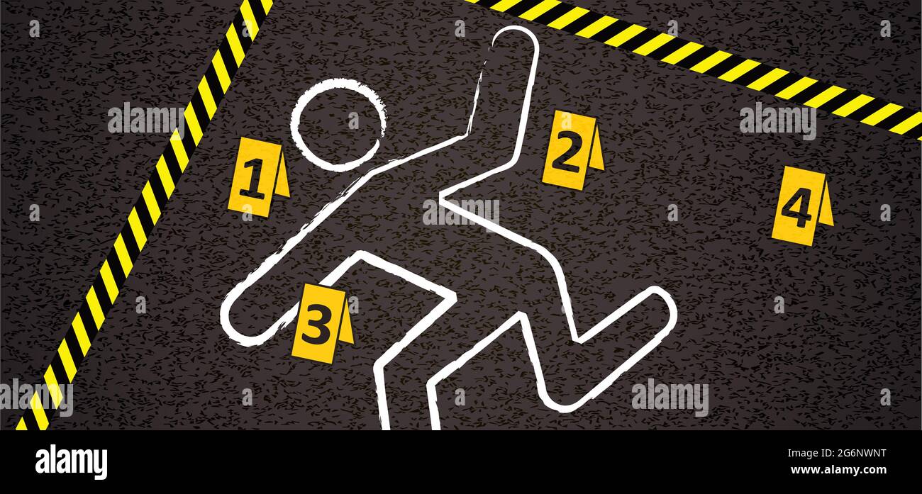 Chalk outline from the murder scene. Crime scene, place of murder. Circled  the body, and there are marks near the evidence. Don't cross. police sign  Stock Photo - Alamy