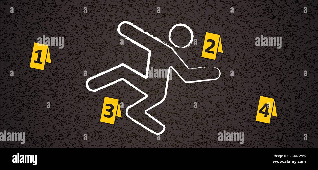Chalk outline from the murder scene. Crime scene, place of murder. Circled the body, and there are marks near the evidence. Don't cross. police sign. Stock Photo