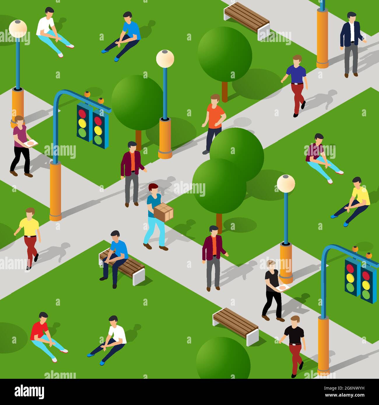 City park with trees and people walking vacationers Stock Vector Image ...
