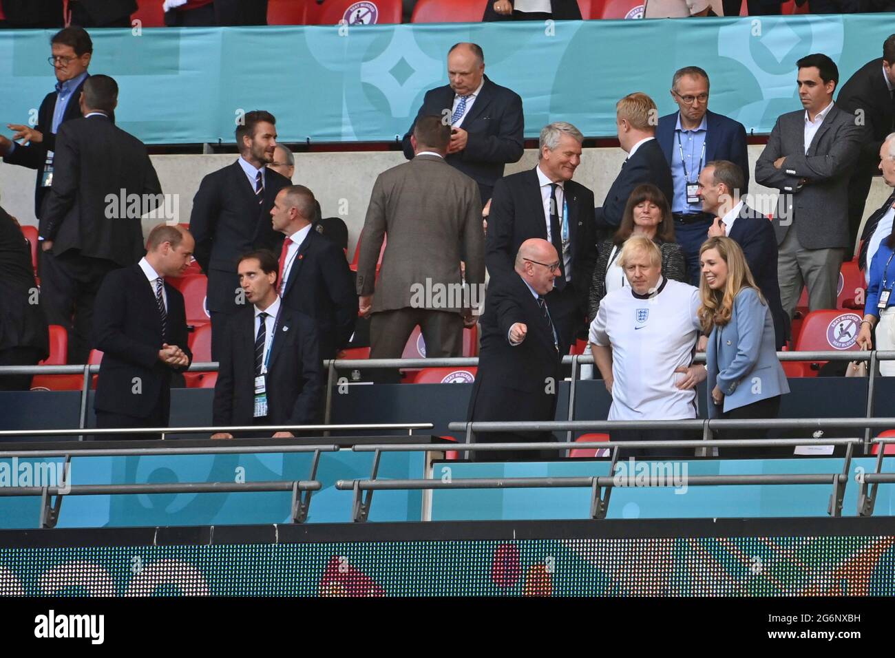 View of the VIP box, in the withte Prime Minister Boris JOHNSON with his wife Carrie SYMONDS, left Prince WILLIAM, feature, symbol photo, border motif, semifinals, game M50, England (ENG)