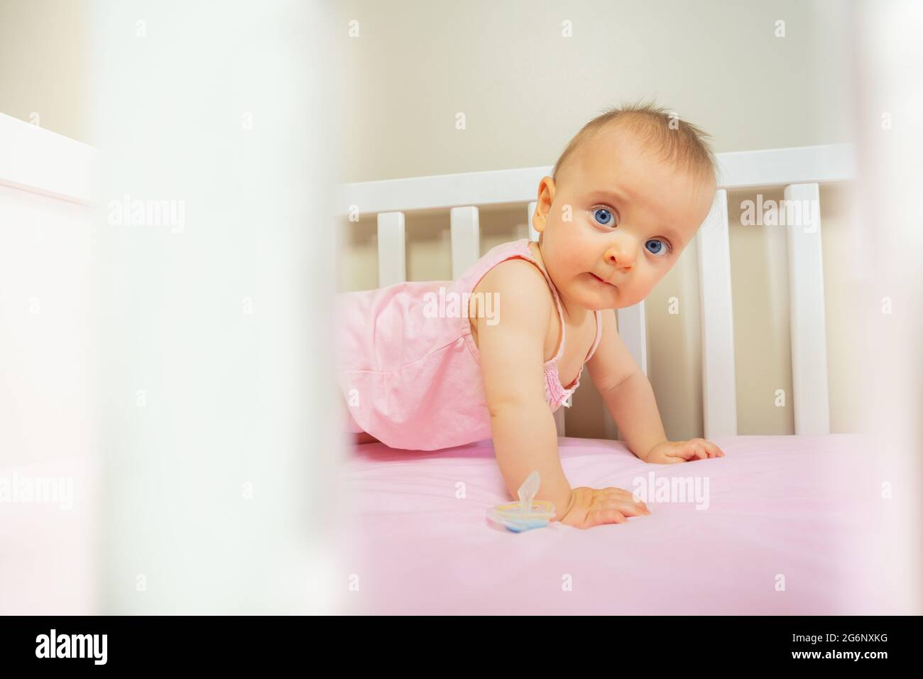 Baby girl stand on hands in the pink color bed Stock Photo