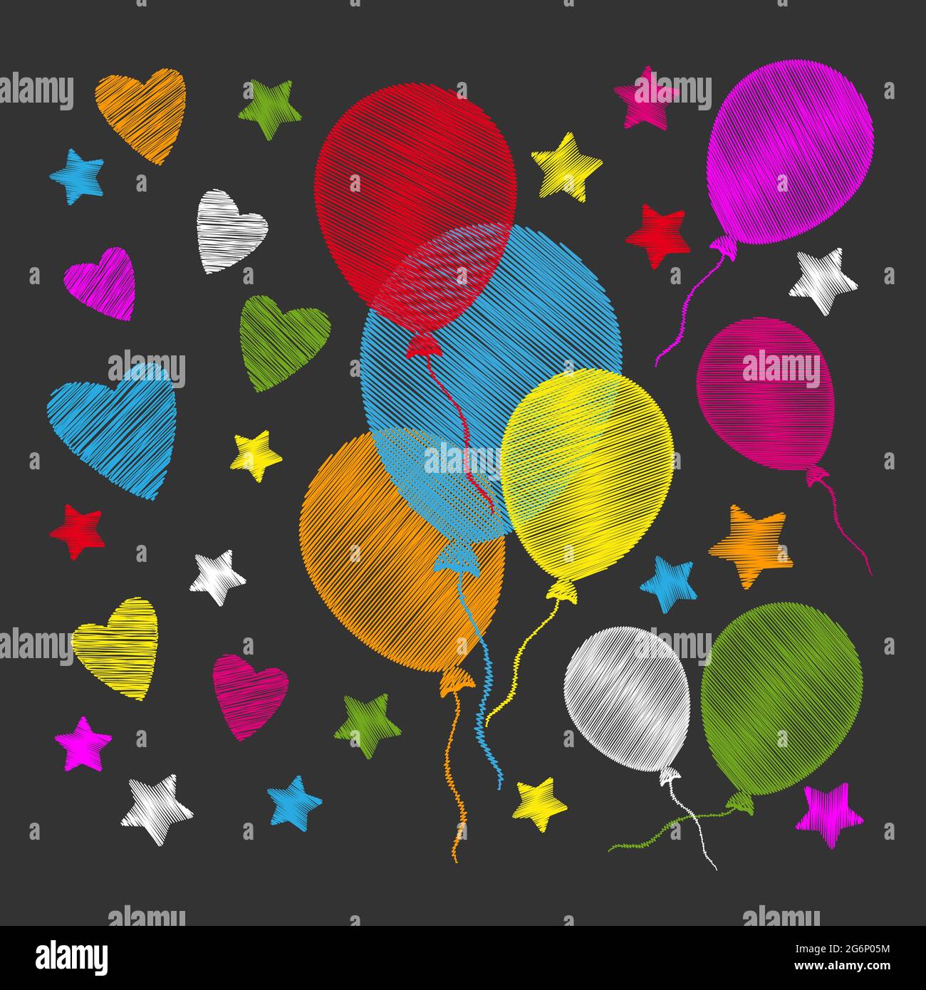 Colorful balloons and heart shapes on dark background. Vector ...