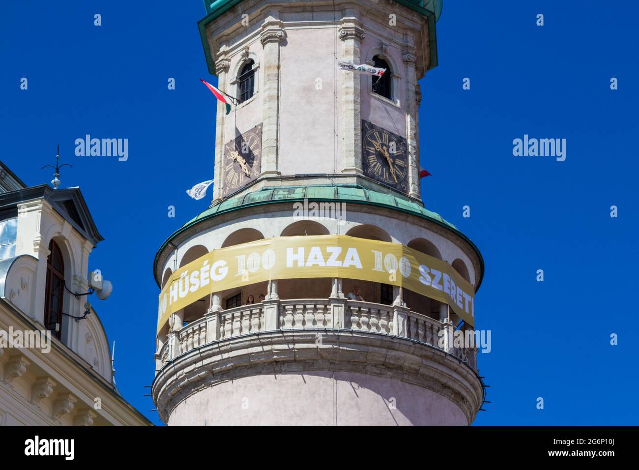 Firewatch Tower with banner 'Huseg-Haza-Szeretet' centenary of Sopron plebiscite, Sopron, Hungary Stock Photo