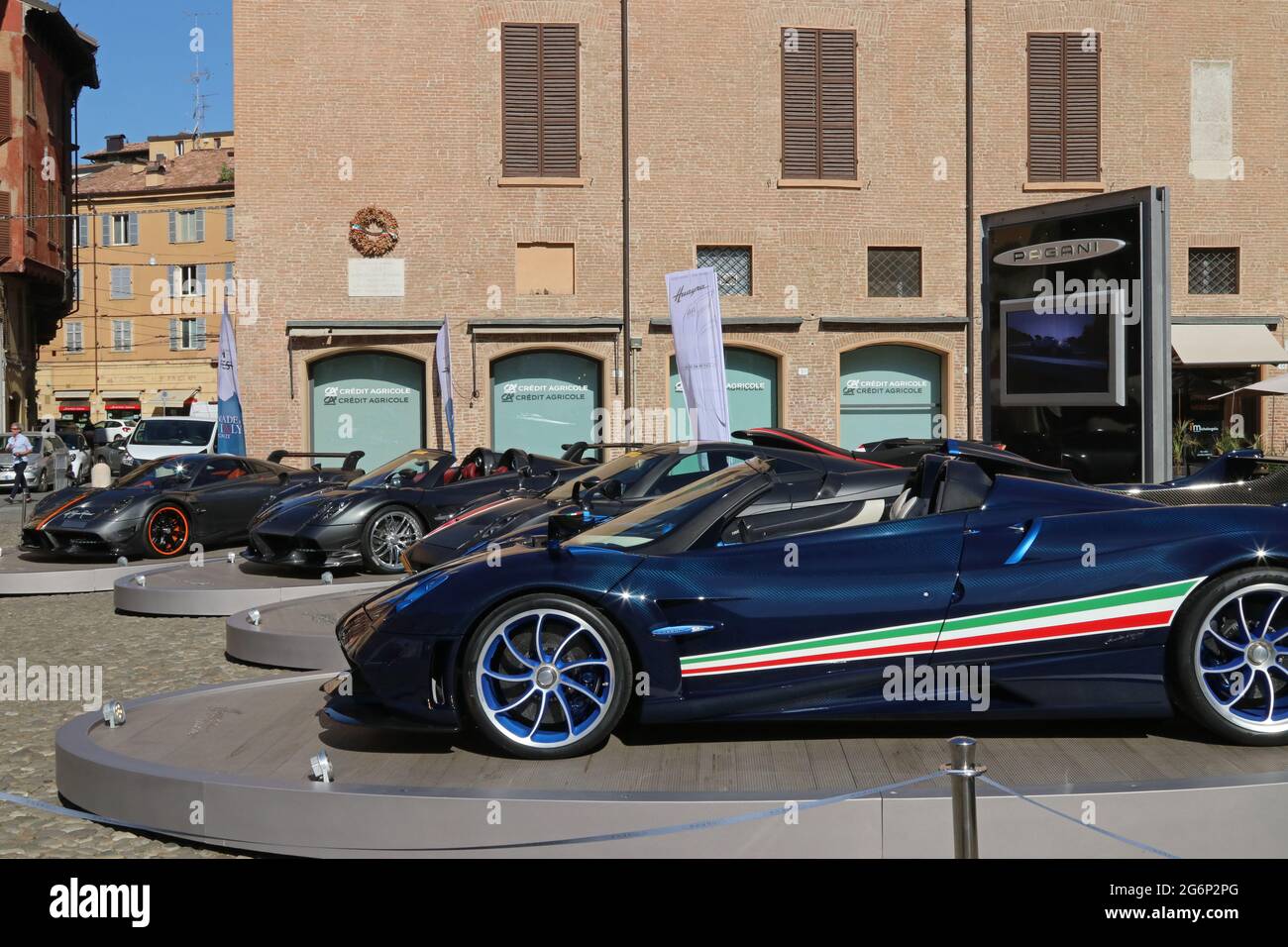 MODENA, ITALY, July 1 2021 - Motor Valley Fest exhibition, Pagani super cars stand in the old square Stock Photo