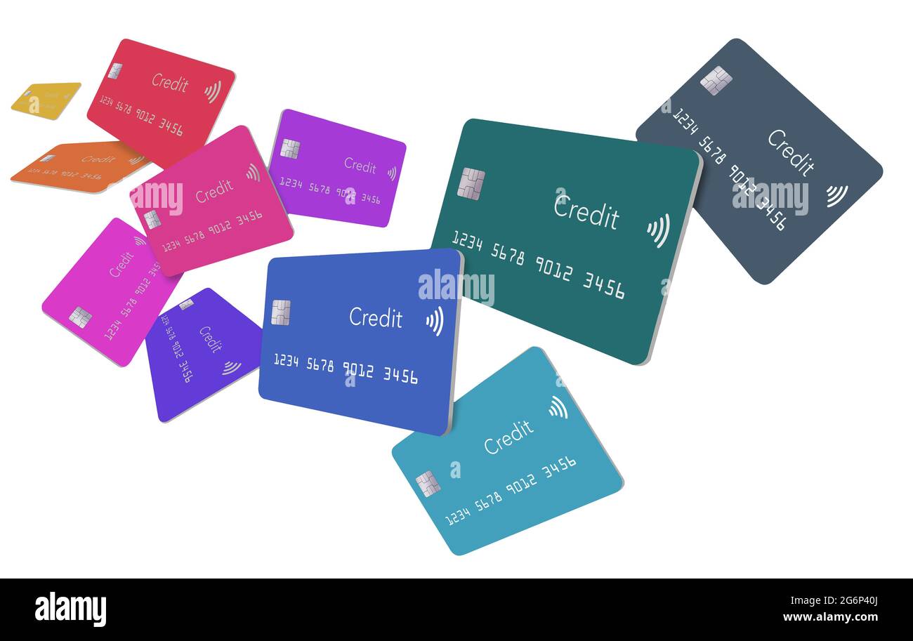 Eleven generic credit cards float and fly over a white background in this isolated 3-d illustration. Stock Photo