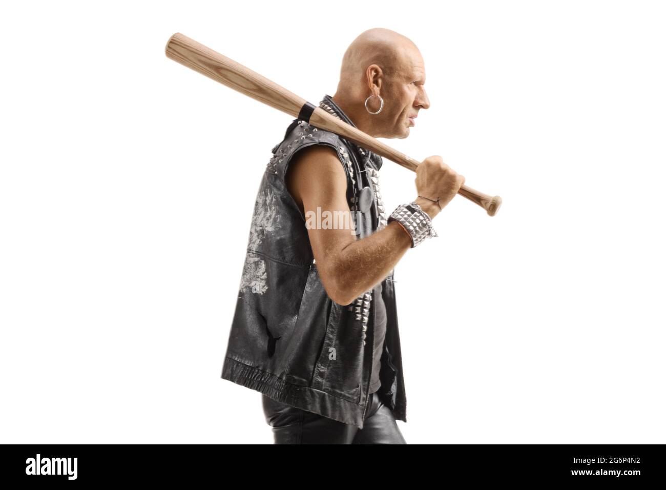 Angry punk man in leather clothes with a baseball bat isolated on white ...