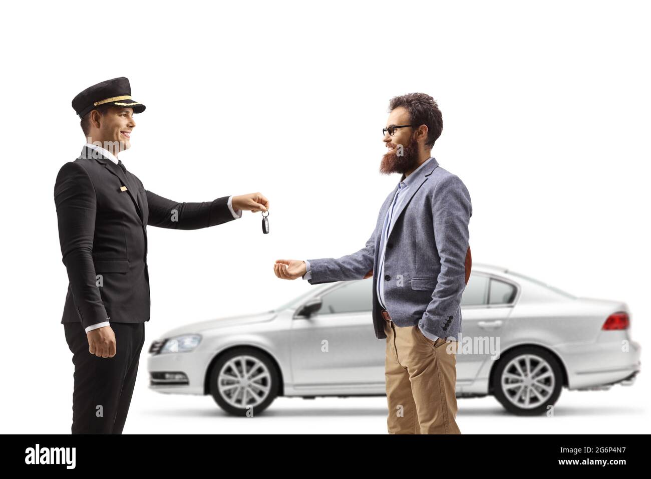 Chauffeur giving car keys from a silver car to a bearded man isolated on white background Stock Photo
