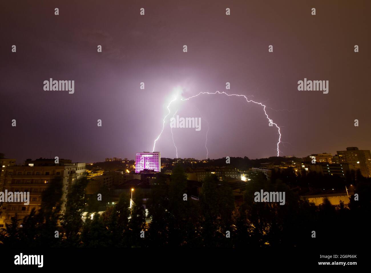 Storm with lightning and thunder on a cold winter night. Stock Photo