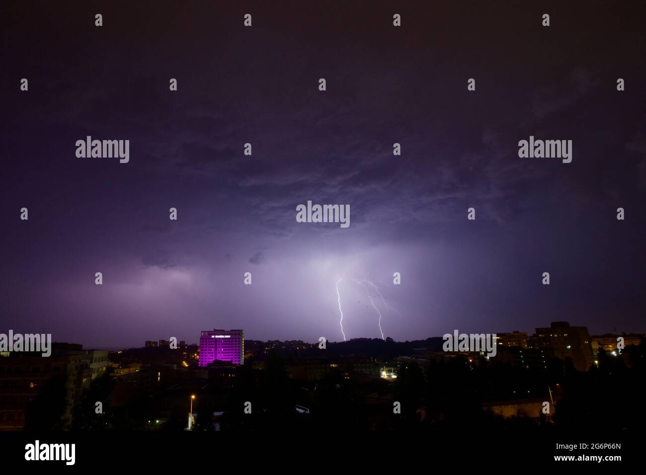Storm with lightning and thunder on a cold winter night. Stock Photo