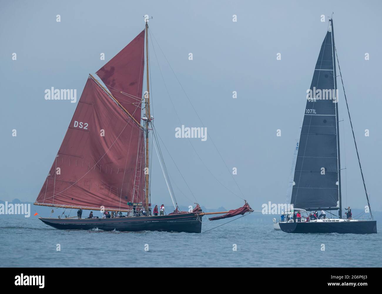 Sailing boats on The Solent in the Round The Isle of Wight Sailing Race Stock Photo