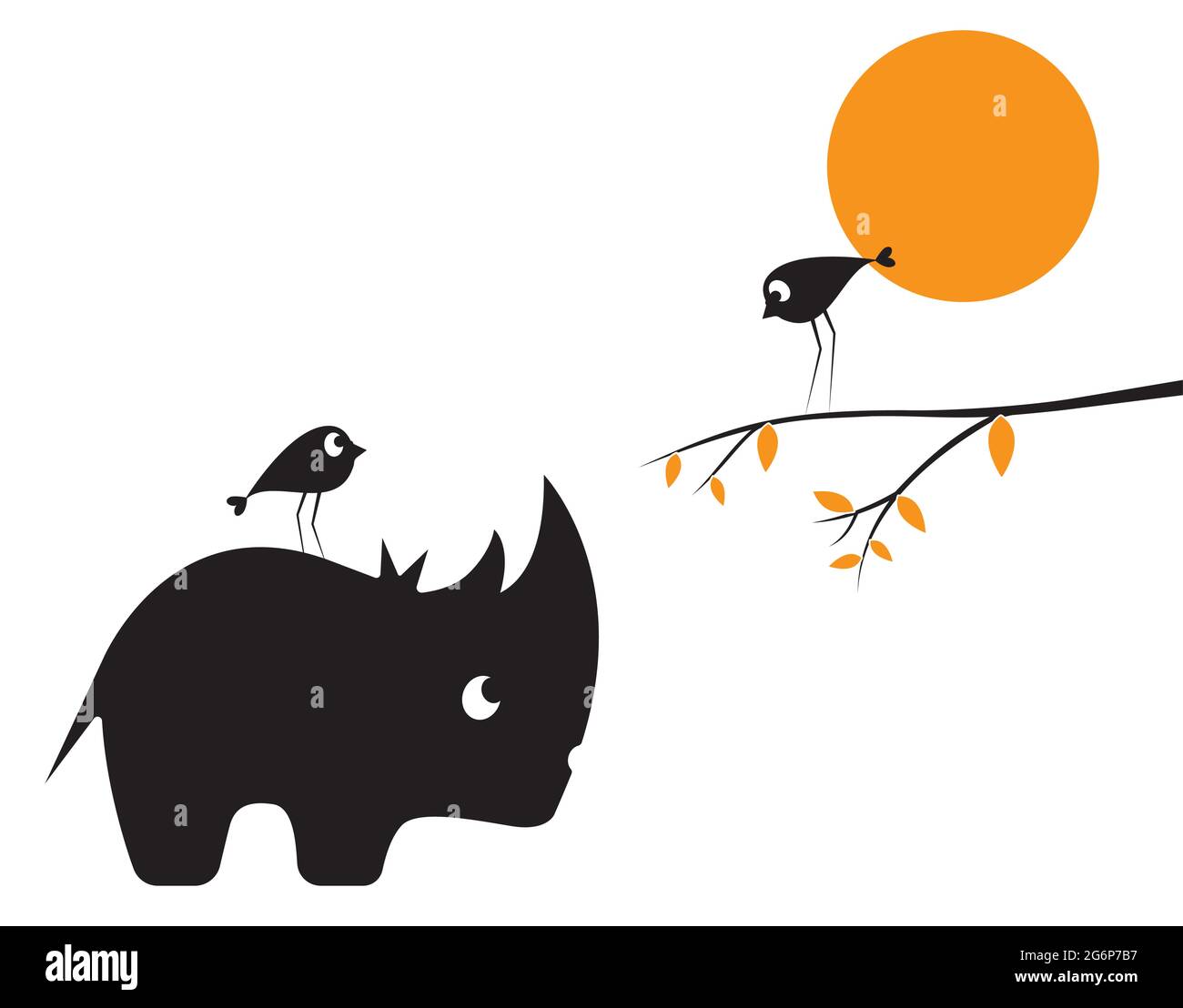 Rhino and bird cartoon illustration isolated on white background, vector. Rhino and bird silhouette on branch on sunset. Fun childish art design, wall Stock Vector