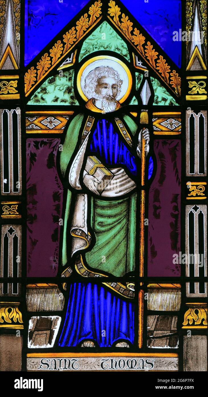 St. Thomas, stained glass window, by Joseph Grant of Costessey, 1856, Wighton, Norfolk, England, UK Stock Photo