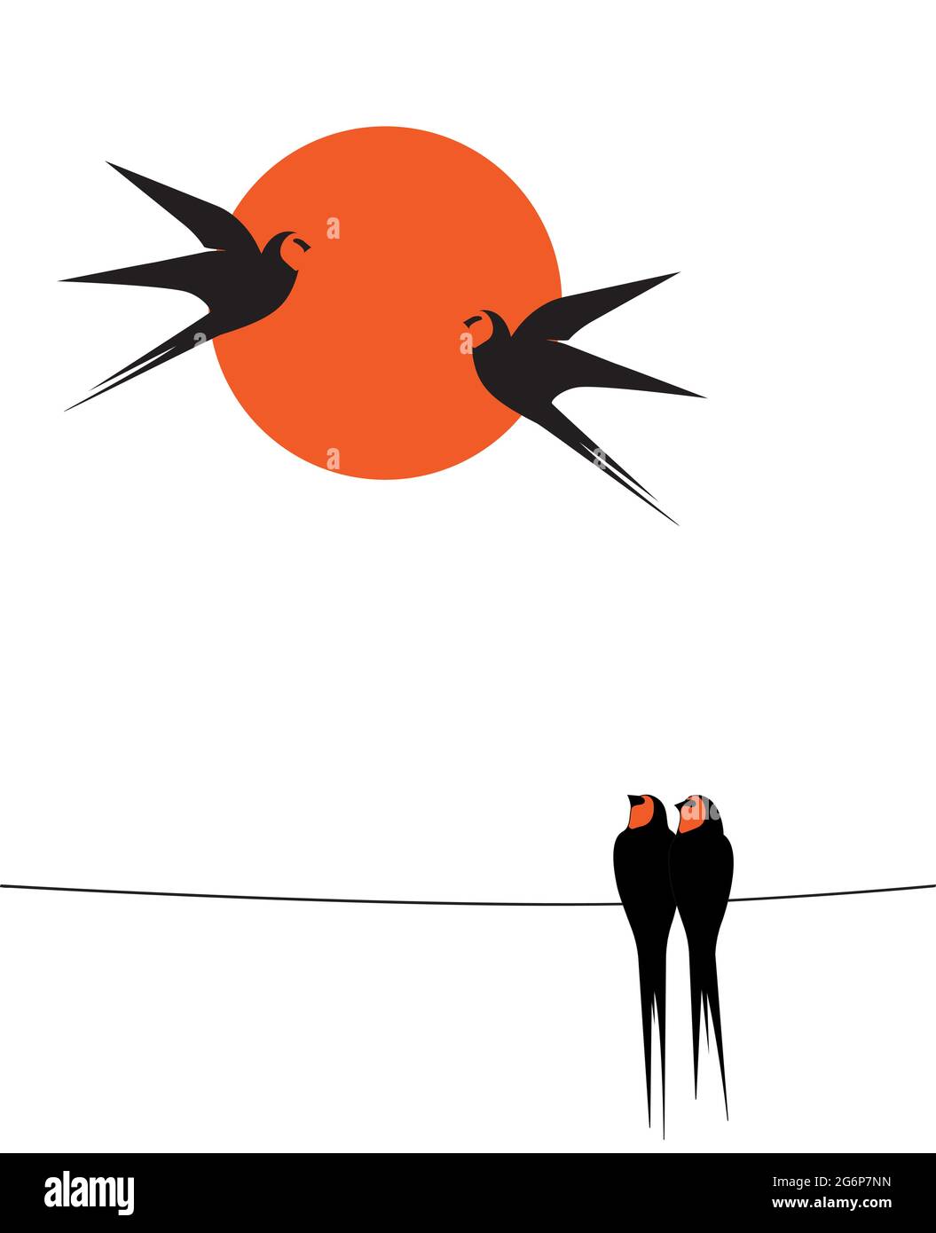 Barn swallow silhouette on wire on sunset, vector. Two birds silhouettes on wire isolated on white background. Minimalist art design. Scandinavian pos Stock Vector