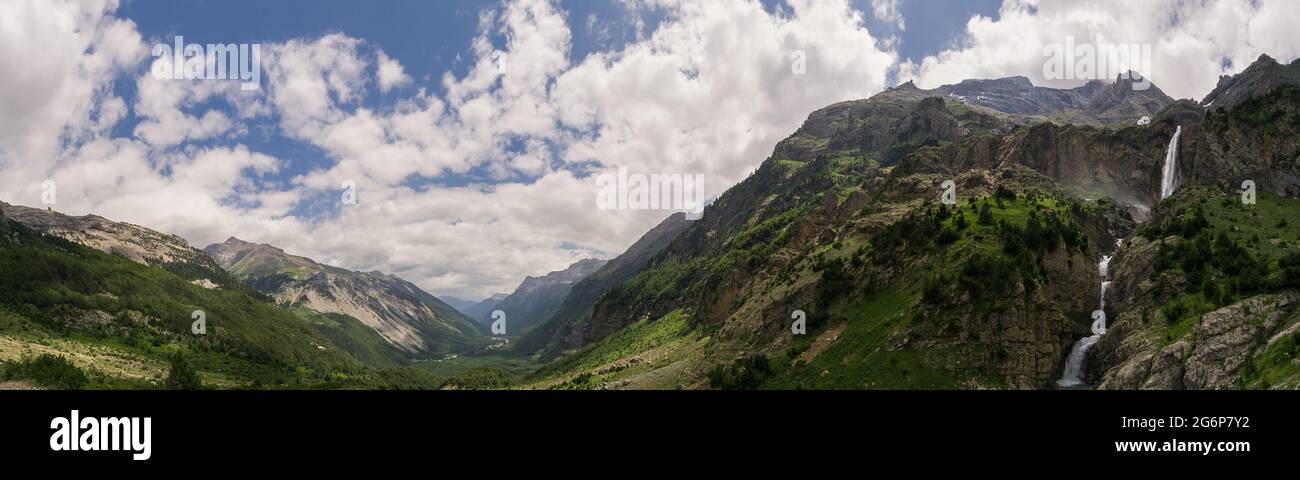 Panorama of Valle de Pineta with waterfall Cascada del Cinca from ...