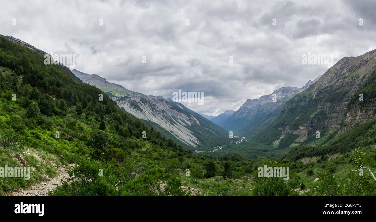 Panorama of Valle de Pineta from viewpoint in Pyrenees, Spain Stock ...