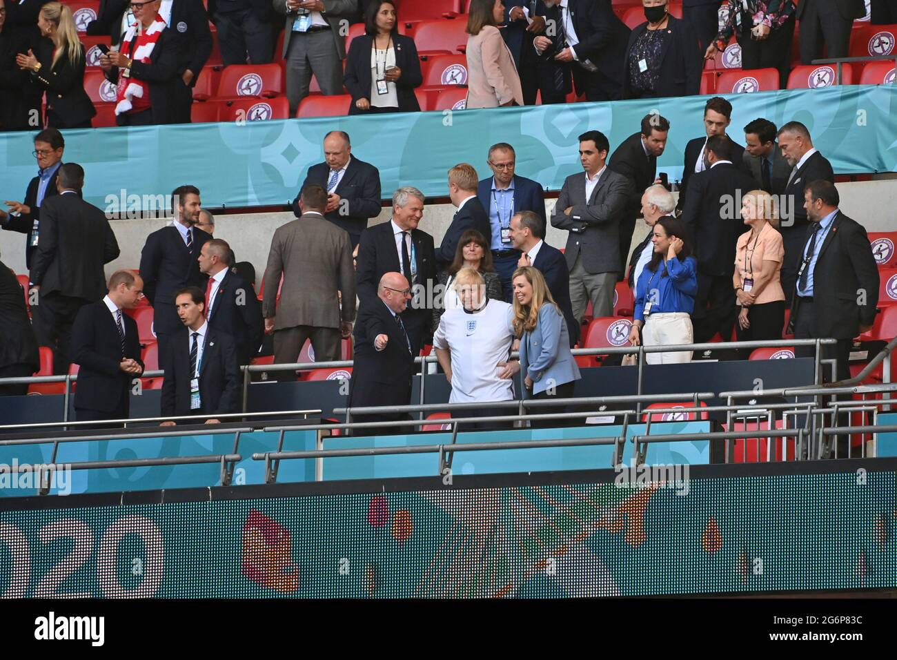 View of the VIP box, in the withte Prime Minister Boris JOHNSON with his wife Carrie SYMONDS, left Prince WILLIAM, feature, symbol photo, border motif, semifinals, game M50, England (ENG)