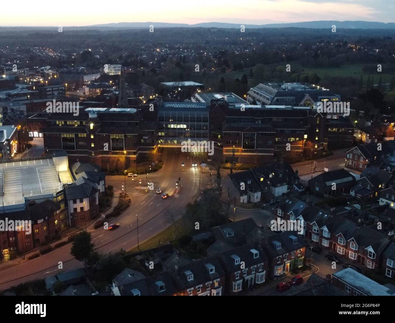 Aerial View of Horsham Town Centre, with the Royal Sun Alliance Building in view. Stock Photo