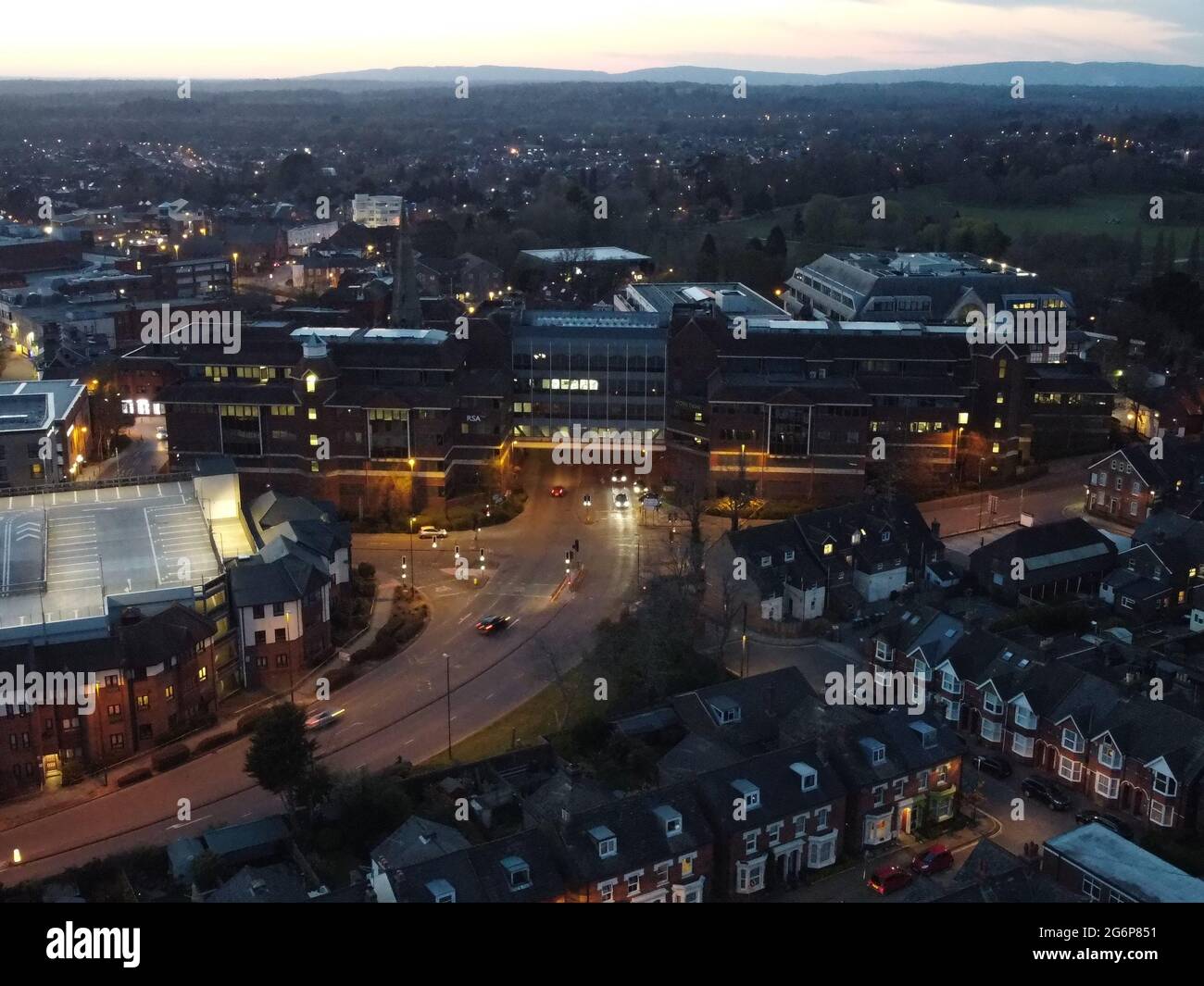 Aerial View of Horsham Town Center, with the Royal Sun Alliance Building in view. Stock Photo