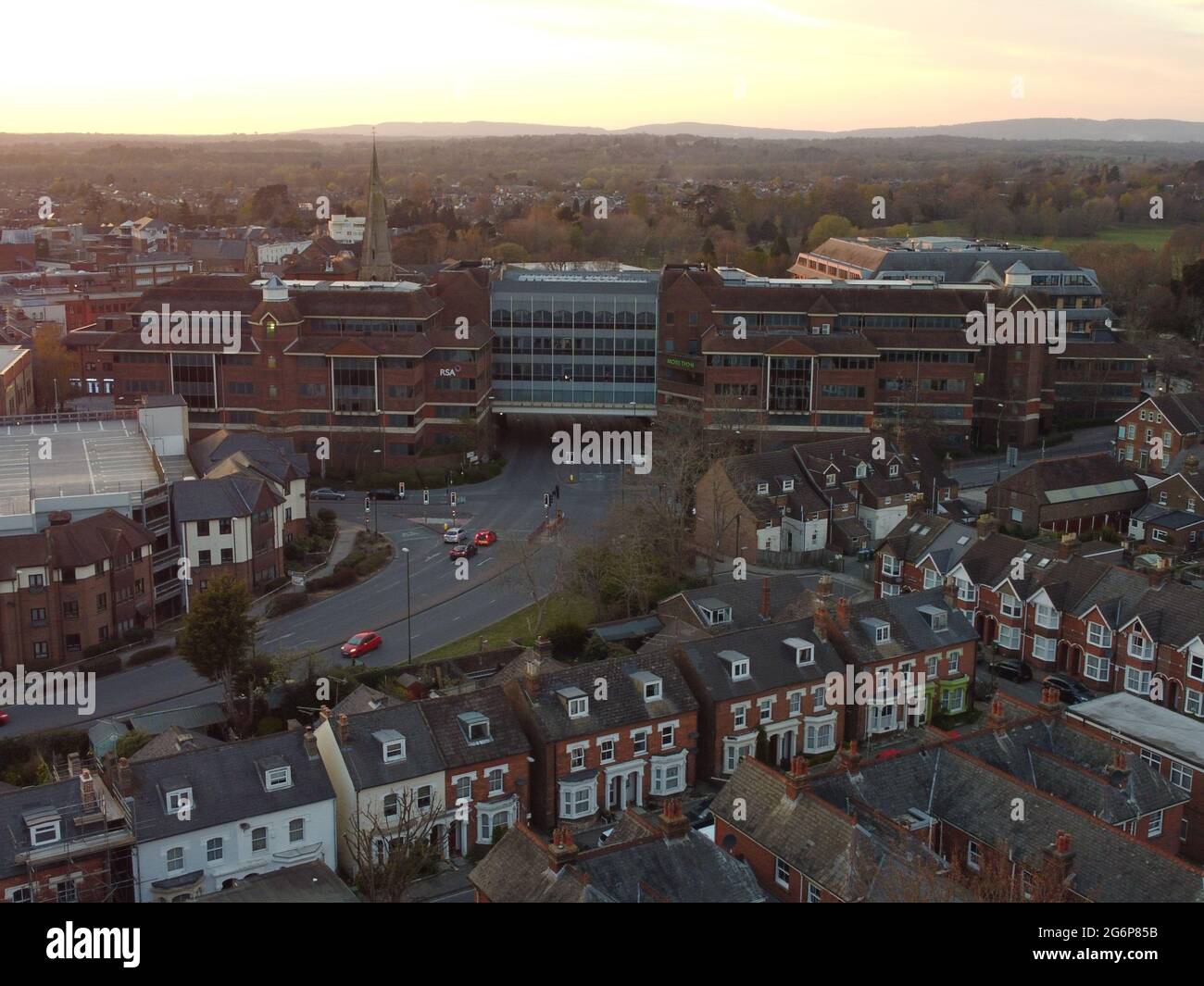 Aerial View of Horsham Town Center, with the Royal Sun Alliance Building in view. Stock Photo