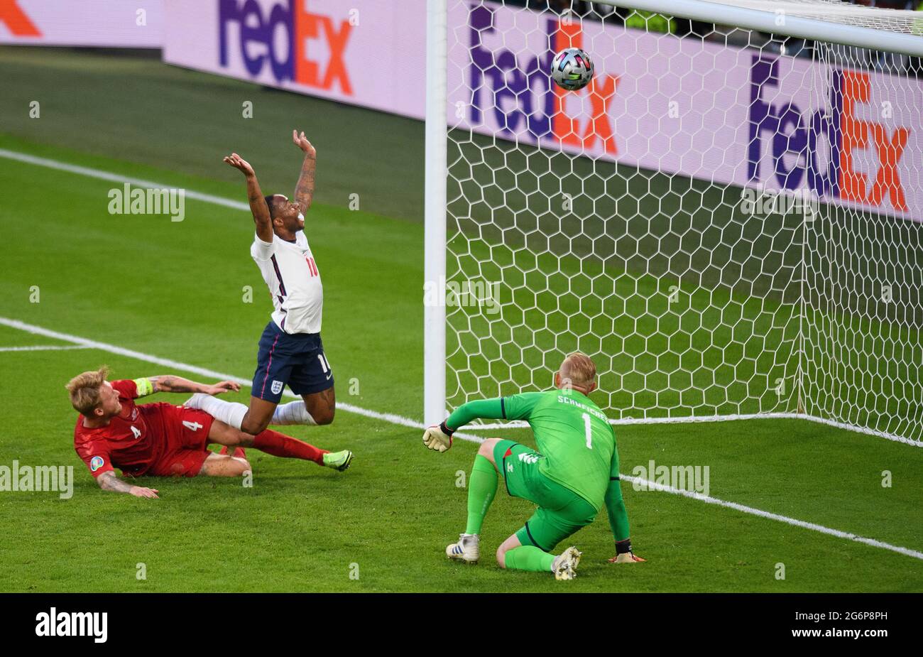 London, UK. London, England. 7th July, 2021.Simon Kjaer scores an own goal equaliser for England during the UEFA Euro 2020 Semi Final match at Wembley Stadium, London. Credit: Mark Pain/Alamy Live News Stock Photo