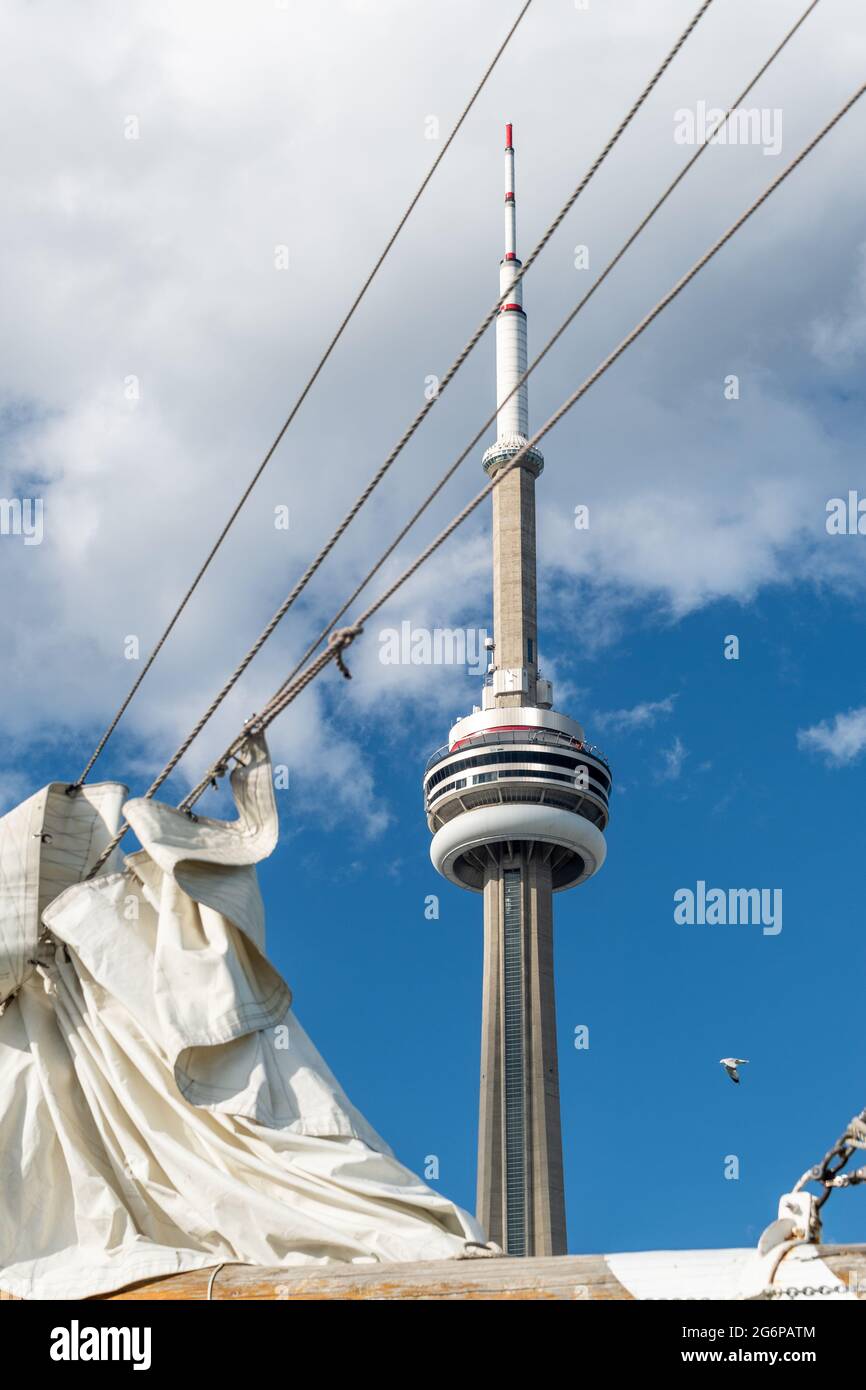 CN Tower framed in cables of a sailship, Toronto, Canada Stock Photo