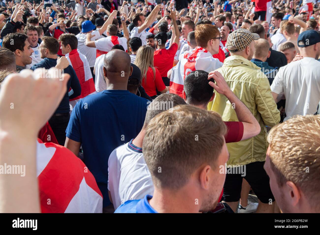 London, UK. 7th July 2021. England fans excited prior to the UEFA Euro 2020 Semi-Final match between England and Demark at Wembley Stadium. Michael Tubi / Alamy Live News Stock Photo