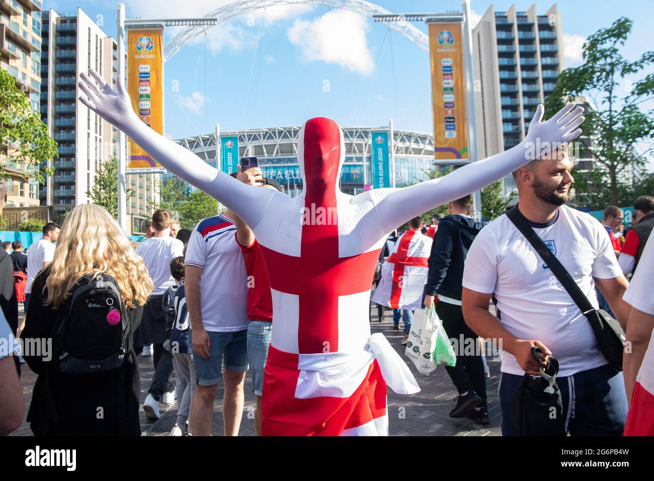 London, UK. 7th July 2021. England fans excited prior to the UEFA Euro 2020 Semi-Final match between England and Demark at Wembley Stadium. Michael Tubi / Alamy Live News Stock Photo