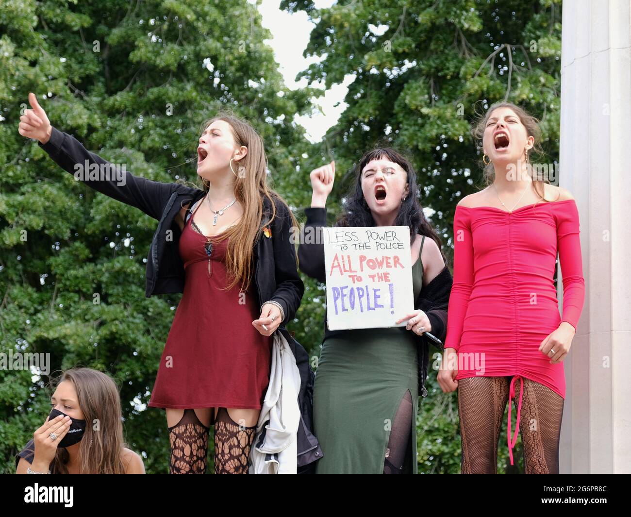 Female 'Kill the Bill' protesters chant slogans at a demonstration to highlight criminalising Traveller communities if the PCSC Bill passes Stock Photo