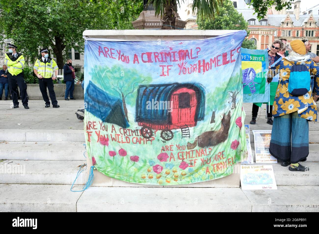 Artwork seen at a demonstration held in solidarity with Gypsy, Roma, Travellers and the homeless at risk of being criminalised through the PCSC Bill Stock Photo