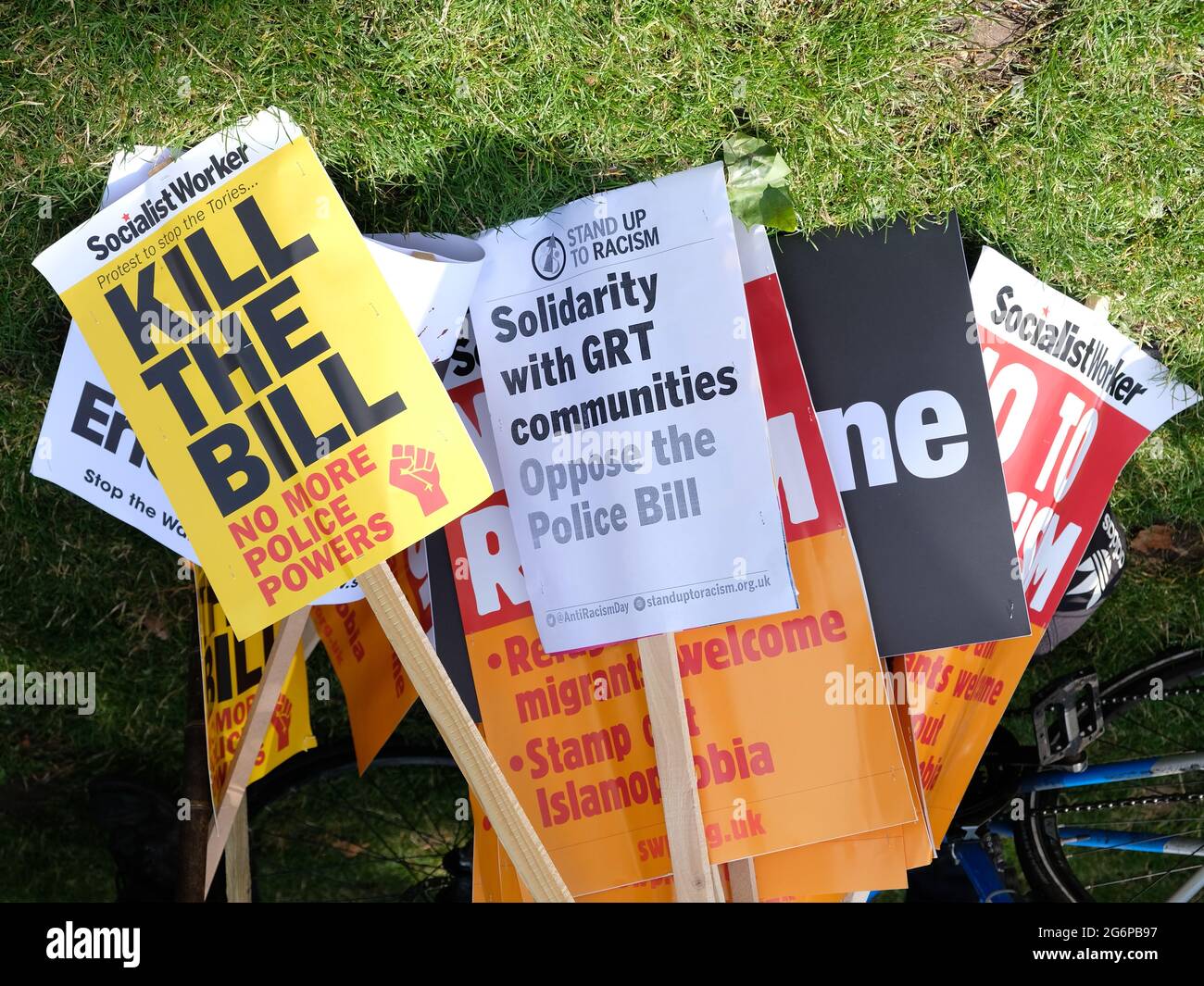 'Kill the Bill' protest placards opposing the PCSC Bill, that critics say will criminalise Gypsy, Roma and Traveller communities if passed. Stock Photo
