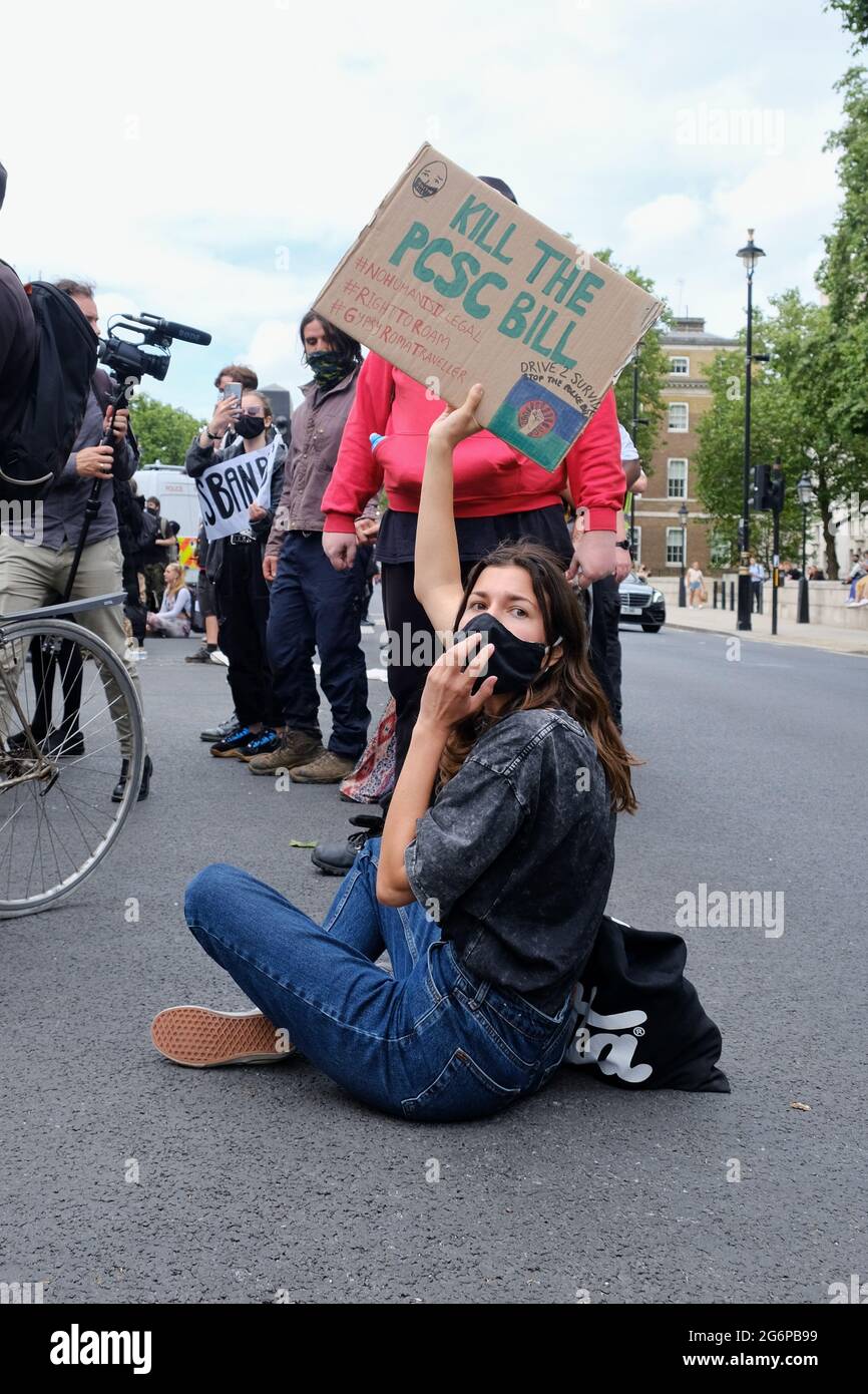A protester opposes the passing of the PCSC Bill highlighting how it will impact Gypsy Roma Traveller communities by restricting movement. Stock Photo