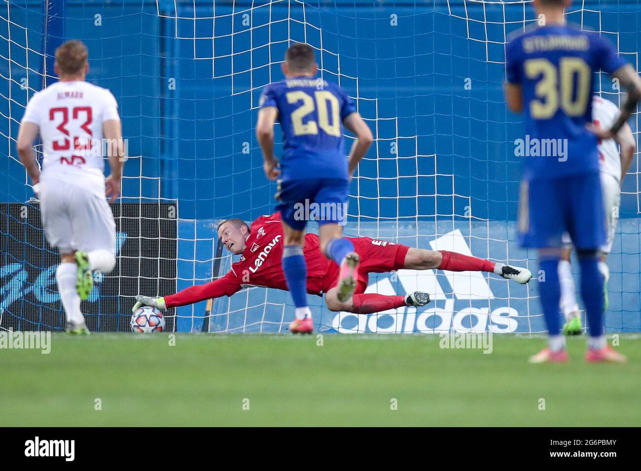 (210708) -- ZAGREB, July 8, 2021 (Xinhua) -- Valur's goalkeeper Hannes Halldorsson makes a save during the UEFA Champions League First Qualifying Round match between Dinamo Zagreb and Valur at Maksimir Stadium in Zagreb, Croatia, July 7, 2021. (Goran Stanzl/Pixsell via Xinhua) Stock Photo