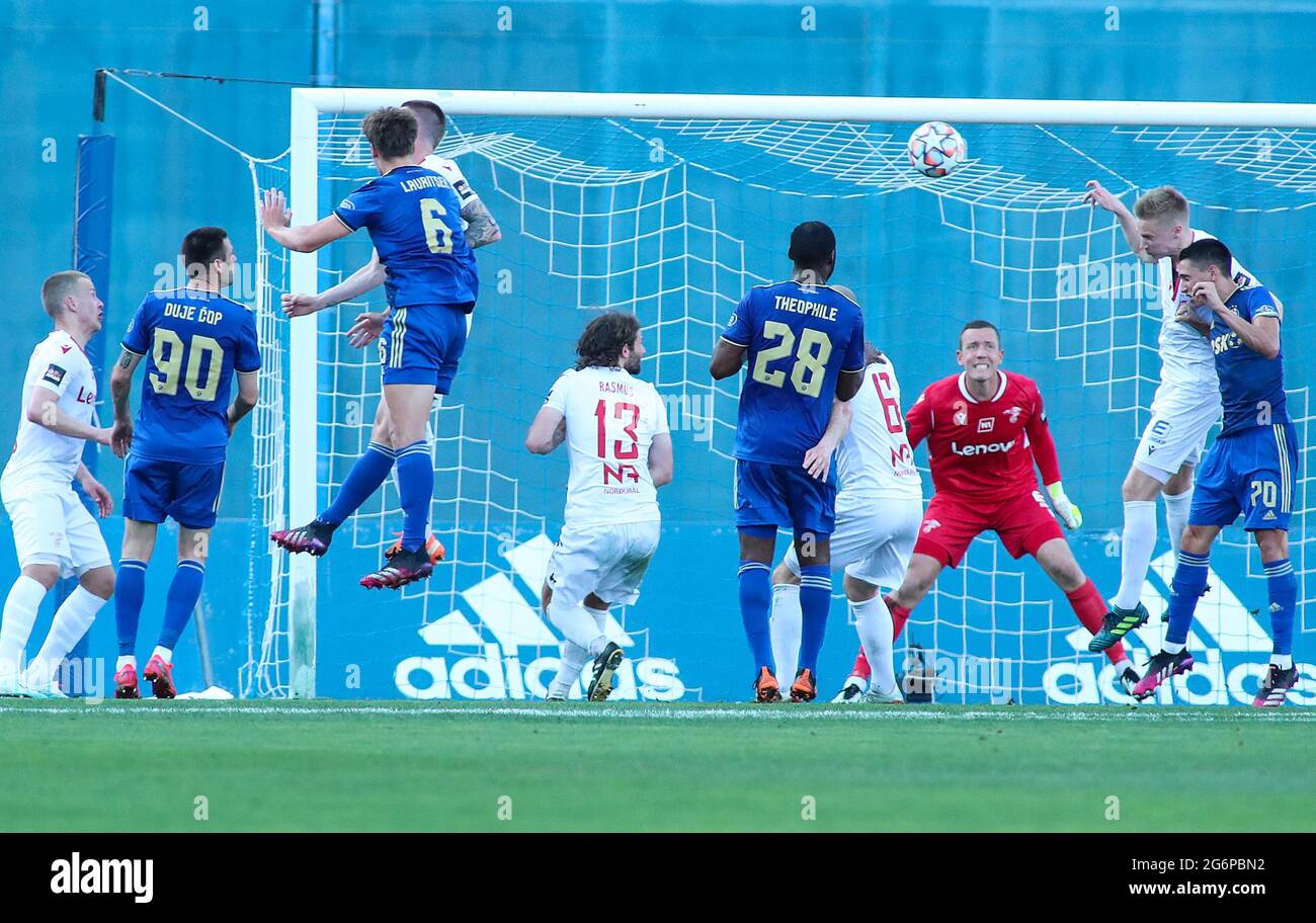 (210708) -- ZAGREB, July 8, 2021 (Xinhua) -- Valur's goalkeeper Hannes Halldorsson (3rd R) prepares to make a save during the UEFA Champions League First Qualifying Round match between Dinamo Zagreb and Valur at Maksimir Stadium in Zagreb, Croatia, July 7, 2021. (Goran Stanzl/Pixsell via Xinhua) Stock Photo