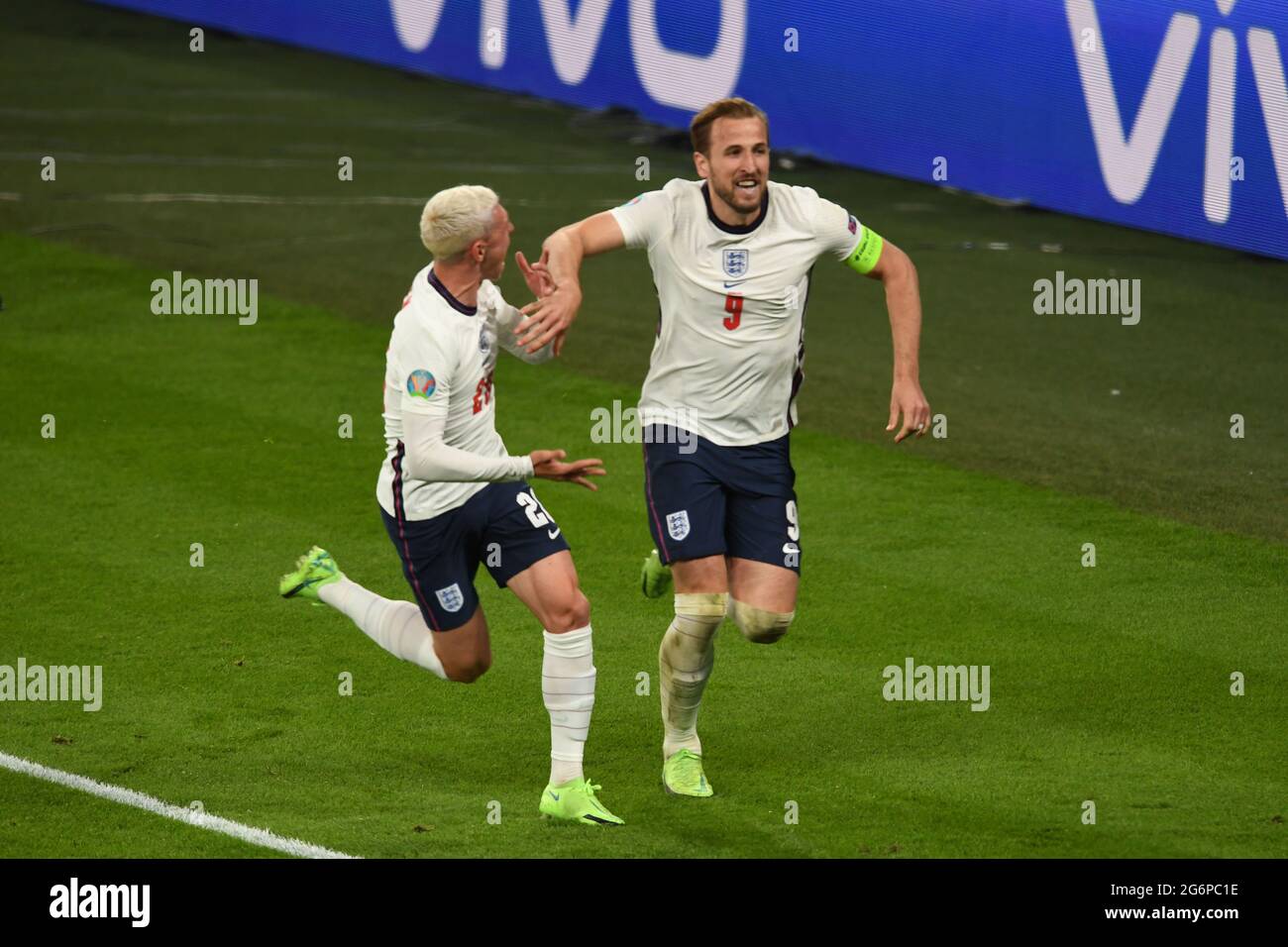 Harry Kane (England)Phil Foden (England) celebrates after scoring his team's second goal during the Uefa 'European Championship 2020 Semifinals match between England 2-1 Denmark at Wembley Stadium on July 07, 2021 in London, England. Credit: Maurizio Borsari/AFLO/Alamy Live News Stock Photo