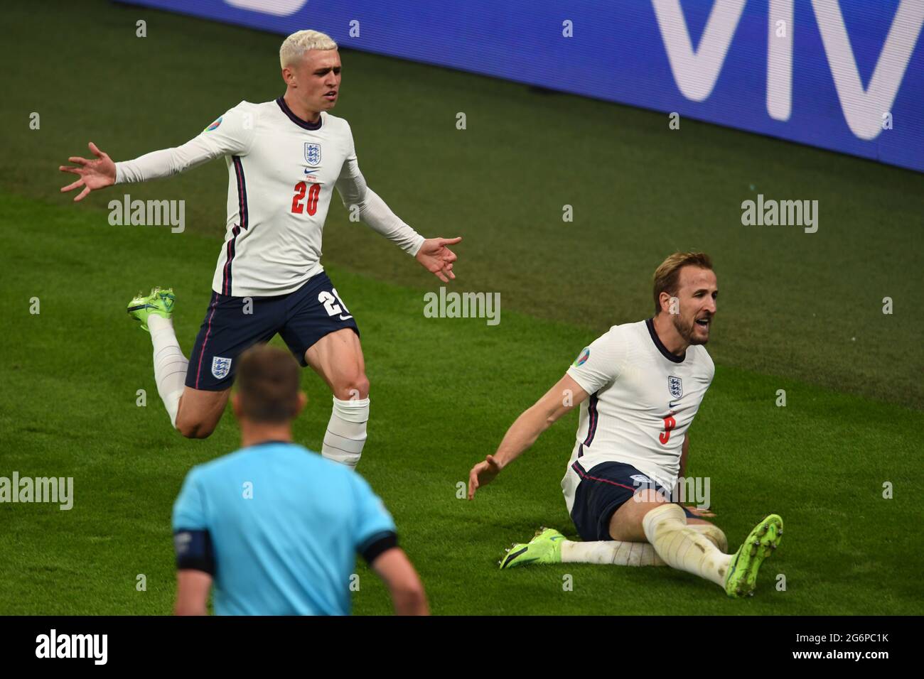 Harry Kane (England)Phil Foden (England) celebrates after scoring his team's second goal during the Uefa 'European Championship 2020 Semifinals match between England 2-1 Denmark at Wembley Stadium on July 07, 2021 in London, England. Credit: Maurizio Borsari/AFLO/Alamy Live News Stock Photo