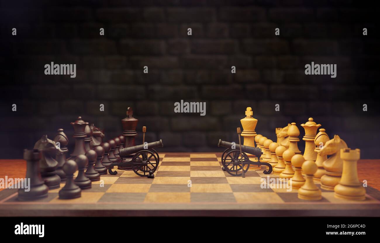 The two chess pieces are going to war. They both use cannons as their weapons on a chessboard with a brick wall background. The concept of business wa Stock Photo