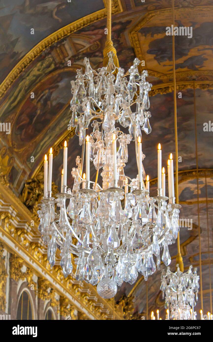 Versailles, France - July 24, 2011: Chandelier hanging in the War Room ...