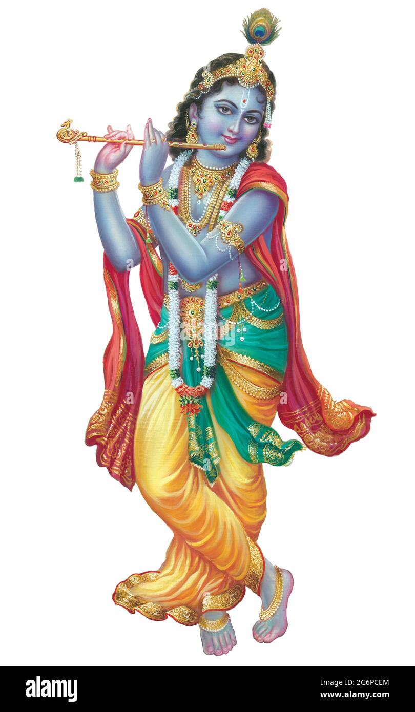 Indian God Lord Krishna with his flute making magical tunes Stock Photo