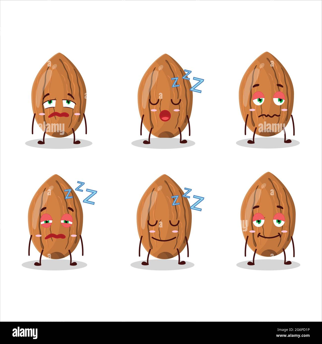 Cartoon character of almond with sleepy expression. Vector illustration