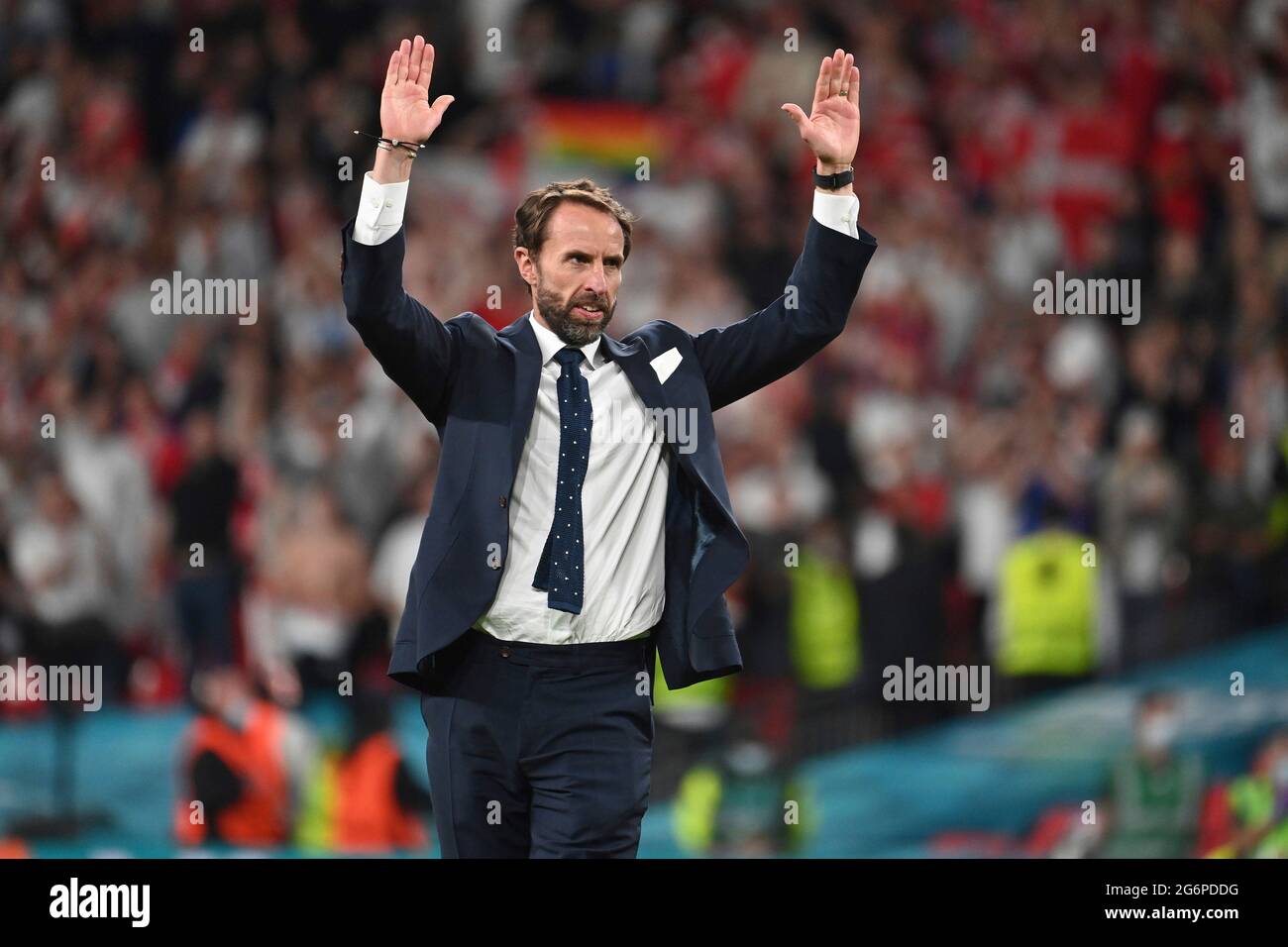 final jubilation Gareth SOUTHGATE (coach ENG), jubilation, joy, enthusiasm, single image, trimmed single motif, half figure, half figure. Semi-final, game M50, England (ENG) - Denmark (DEN) 2-1 nV on 07.07.2021 in London/Wembley Stadium. Football EM 2020 from 06/11/2021 to 07/11/2021. Stock Photo
