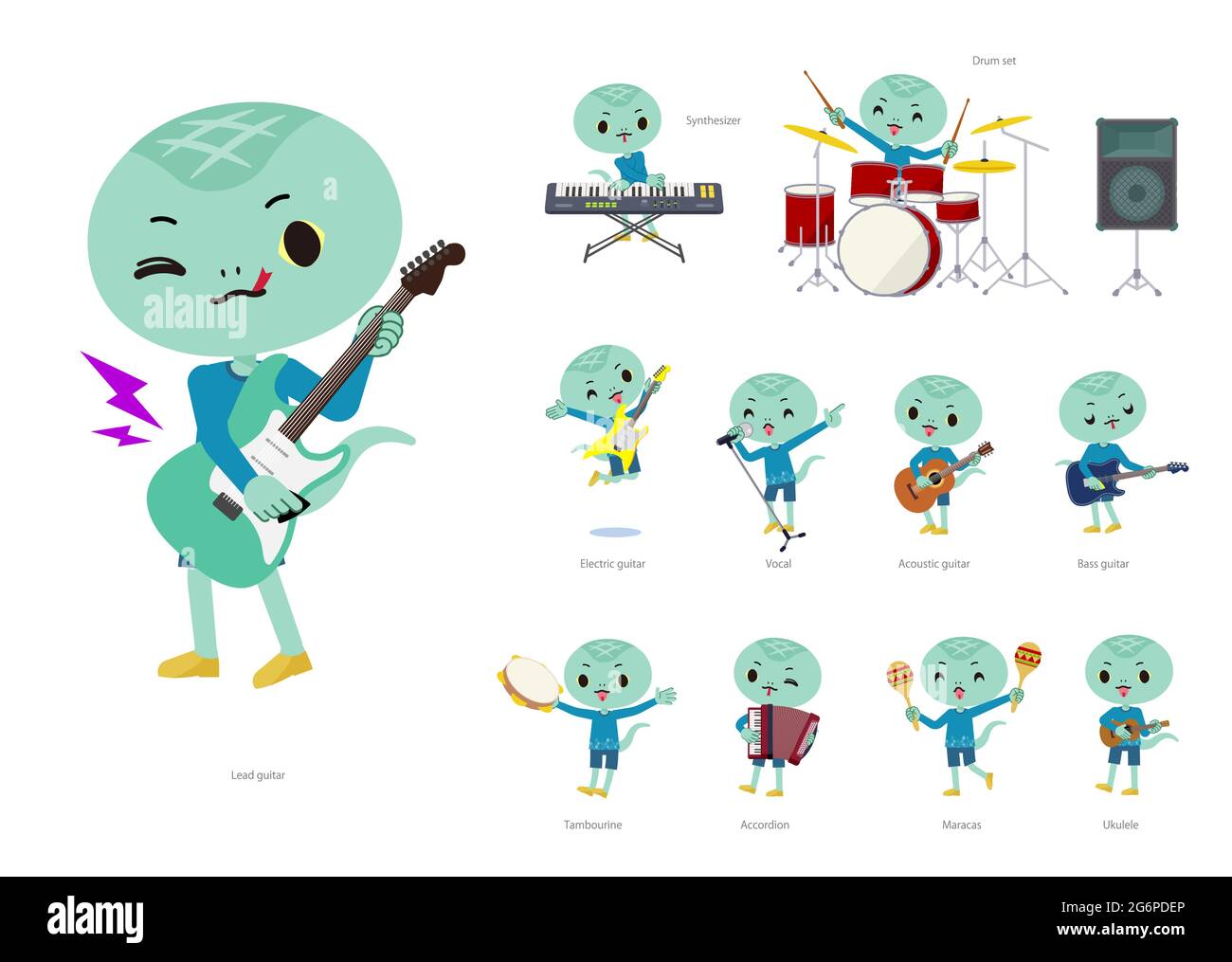 A set of Snake boy playing rock 'n' roll and pop music.It's vector art so it's easy to edit. Stock Vector