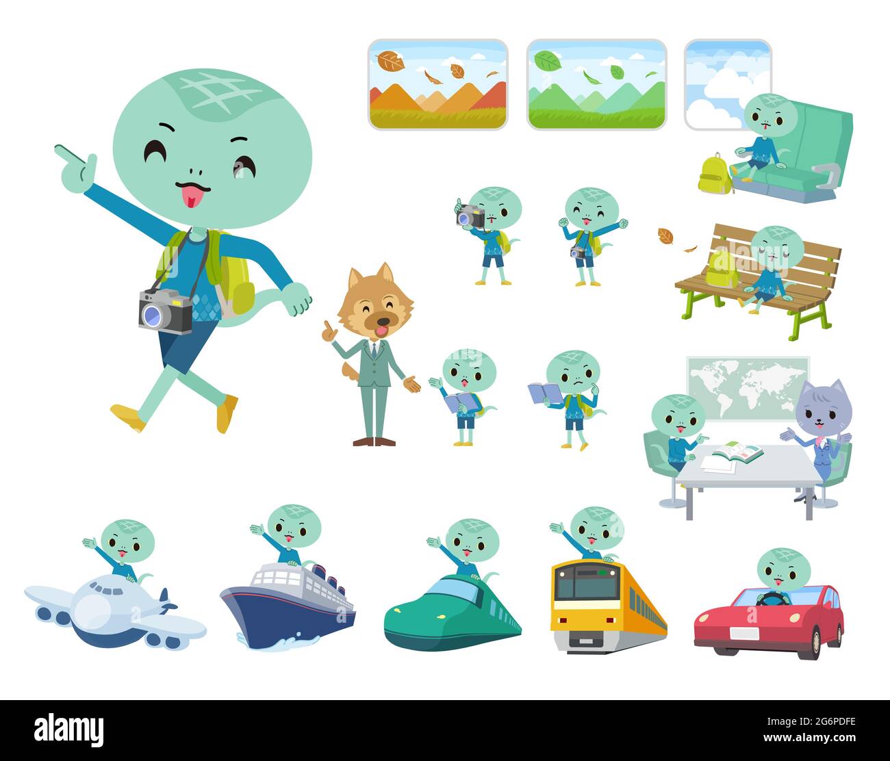 A set of Snake boy on travel.It's vector art so it's easy to edit. Stock Vector