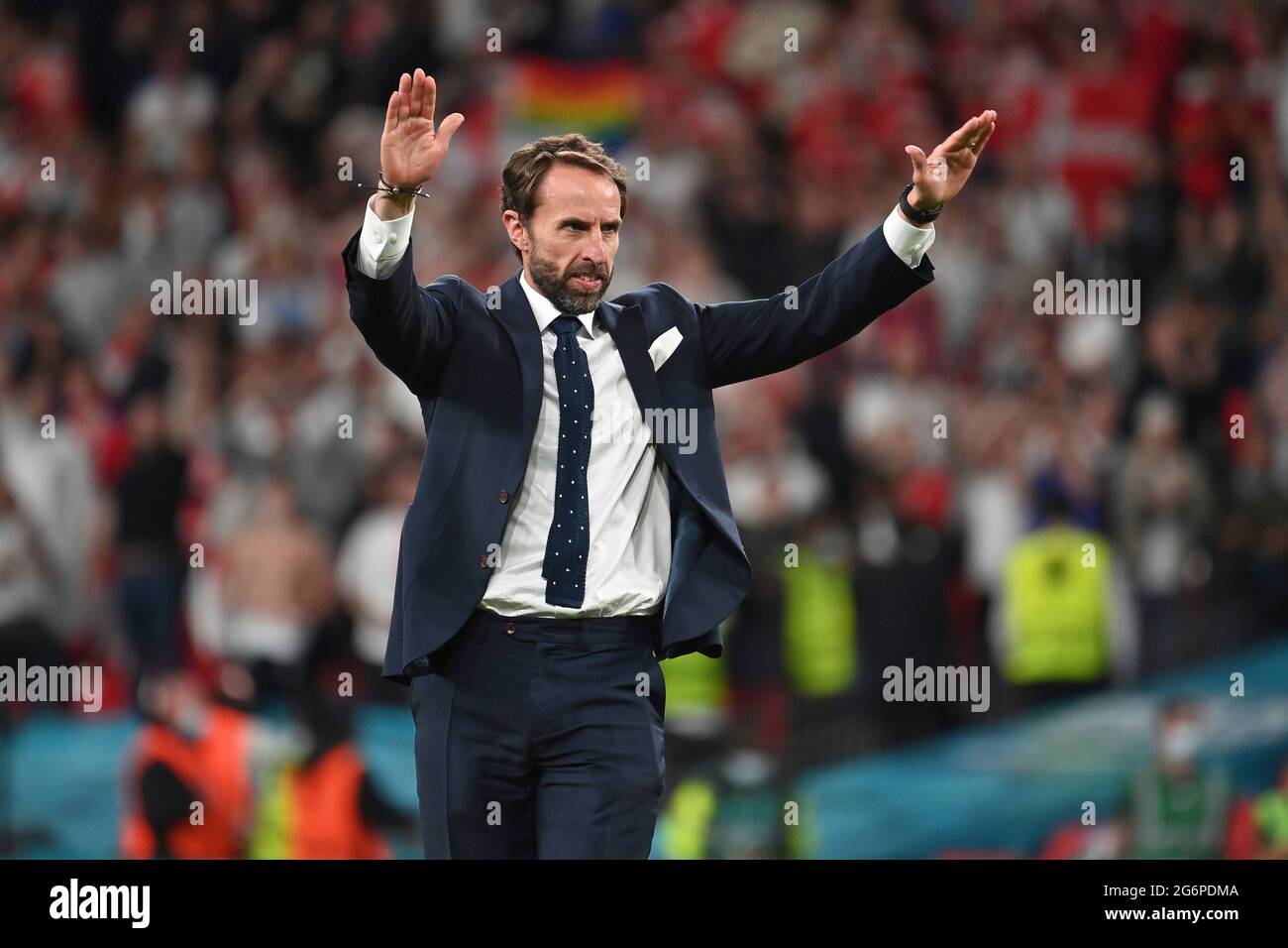 final jubilation Gareth SOUTHGATE (coach ENG), jubilation, joy, enthusiasm, single image, trimmed single motif, half figure, half figure. Semi-final, game M50, England (ENG) - Denmark (DEN) 2-1 nV on 07.07.2021 in London/Wembley Stadium. Football EM 2020 from 06/11/2021 to 07/11/2021. Stock Photo