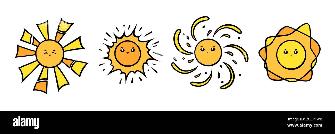 Kawaii sun characters with eyes and smiles. Yellow sun smiling faces in doodle style. Black and white vector illustration isolated in white background Stock Vector