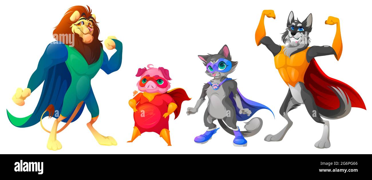 Superhero animals with mask and cape. Cute characters in super hero costume. Vector cartoon set of strong lion, wolf, pig and cat in disguise suit with cloak isolated on white background Stock Vector